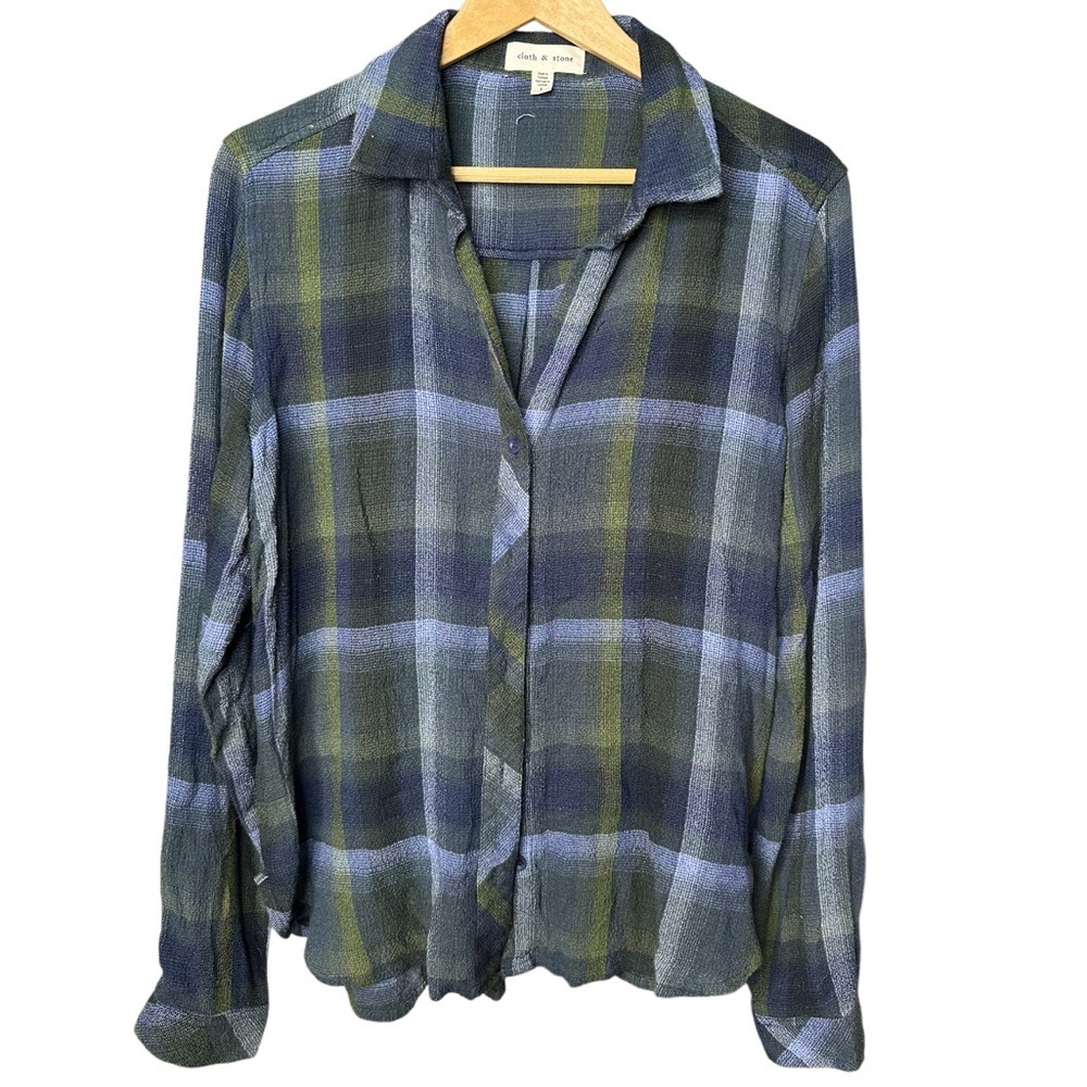 Cloth & Stone | Blue Olive Plaid Button Down Blouse | Rayon Blend | Size L - Picture 2 of 7